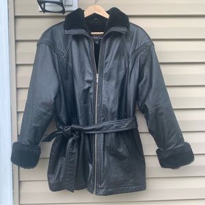 Wilsons Leather Black Belted Jacket with Fur Accents